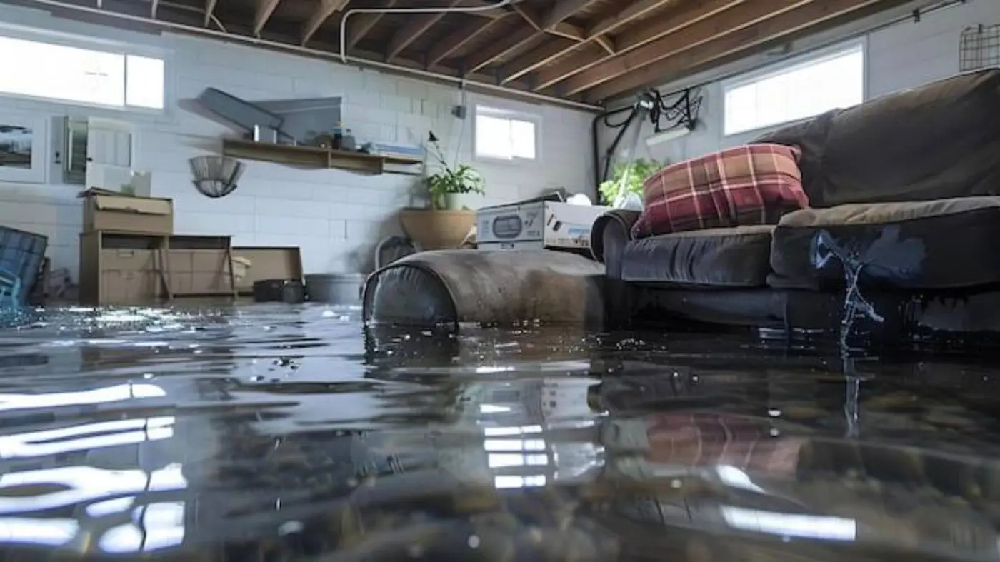 Basement living area with water covering the floor