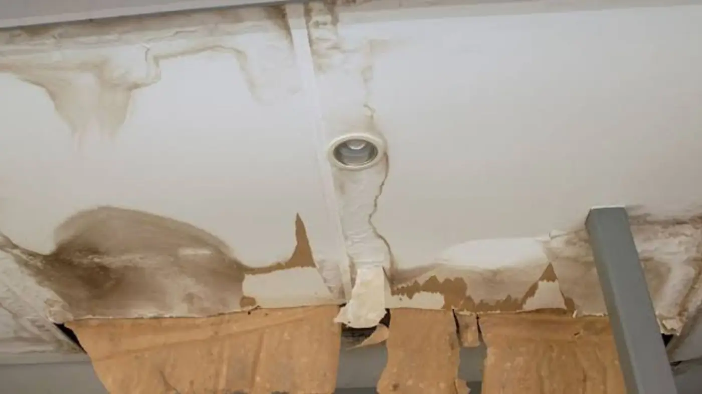 Water damaged ceiling opened around a leaking pipe