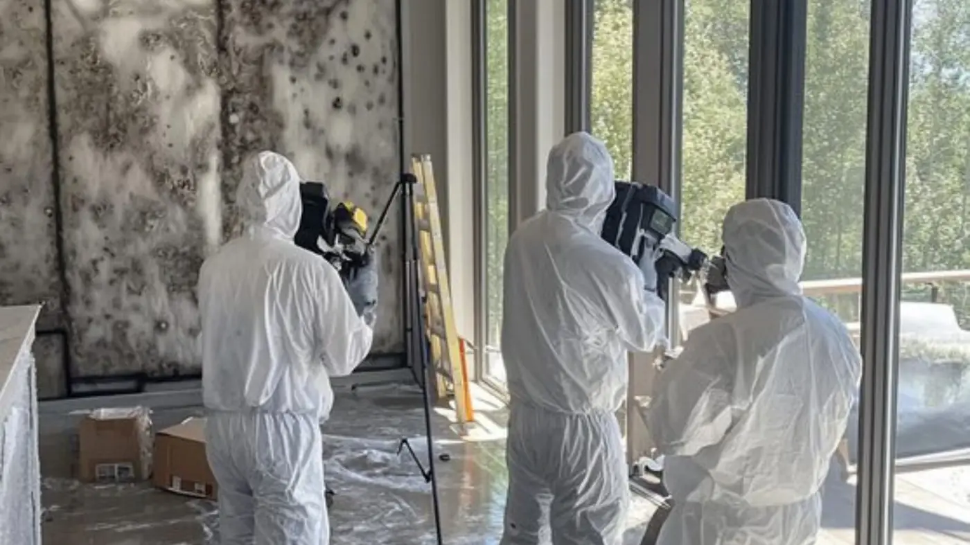 Inspection team in protective suits documenting mold on a wall
