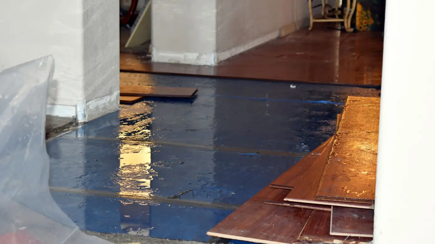 Laminate planks lifted from a floor with water underneath