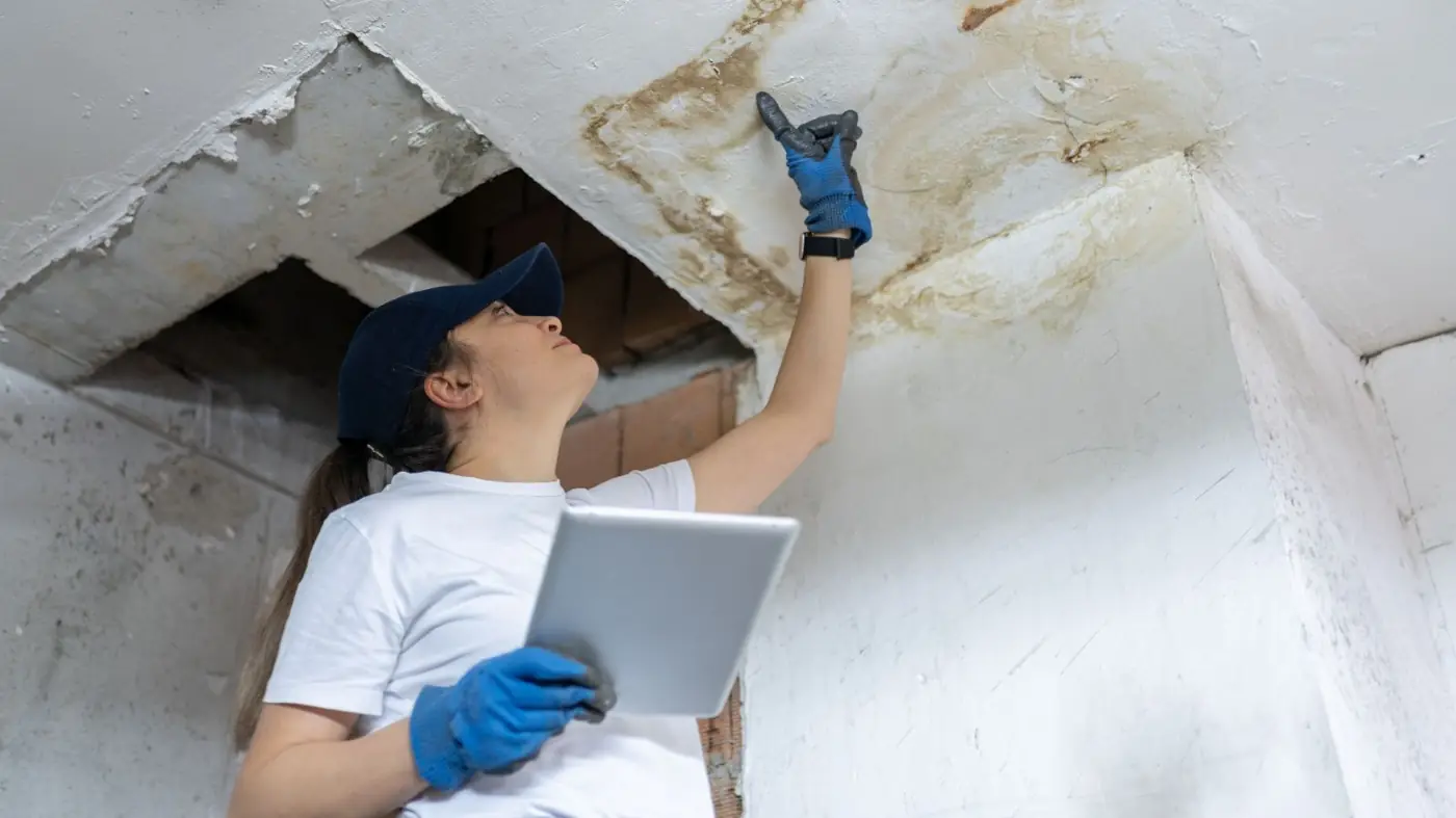 Inspector with a tablet checking a water stained ceiling opening