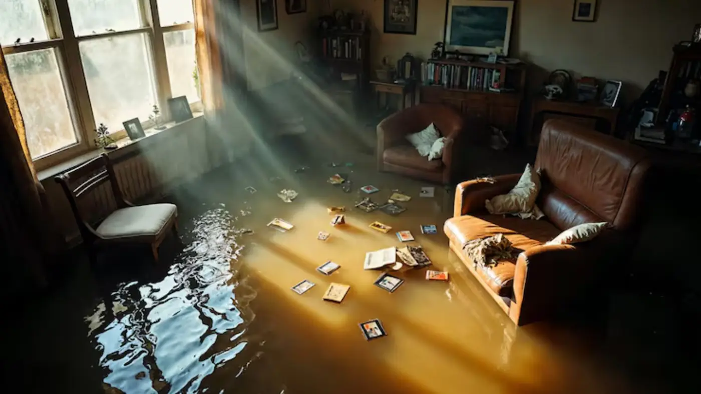 Living room flooded with water after a storm with furniture standing in it