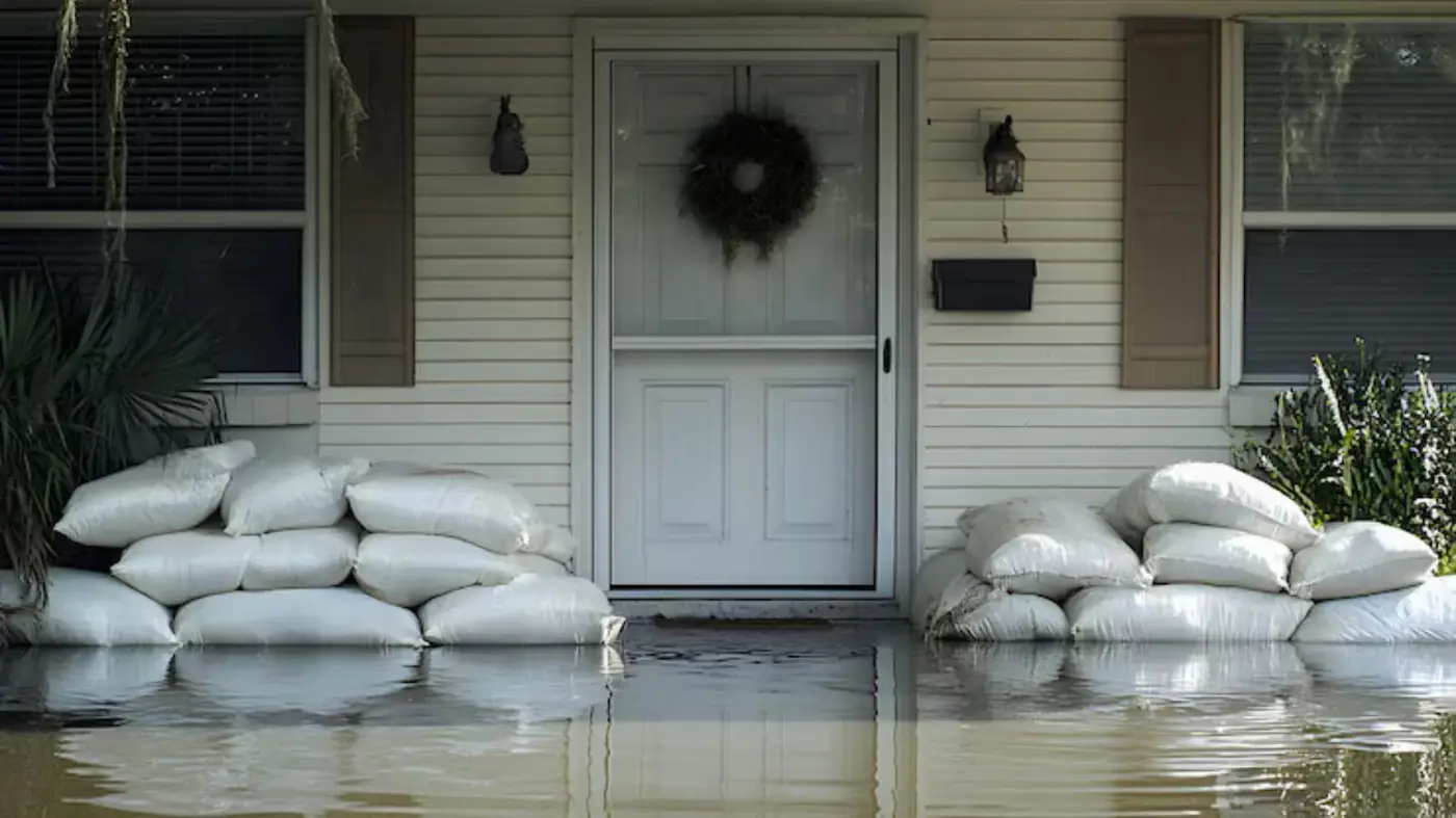 Sandbags stacked at a front door above flood water