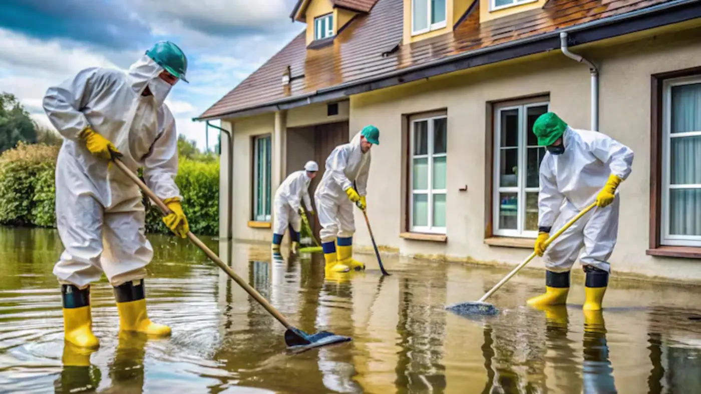 Cleanup crew in protective suits and boots working in a flooded house